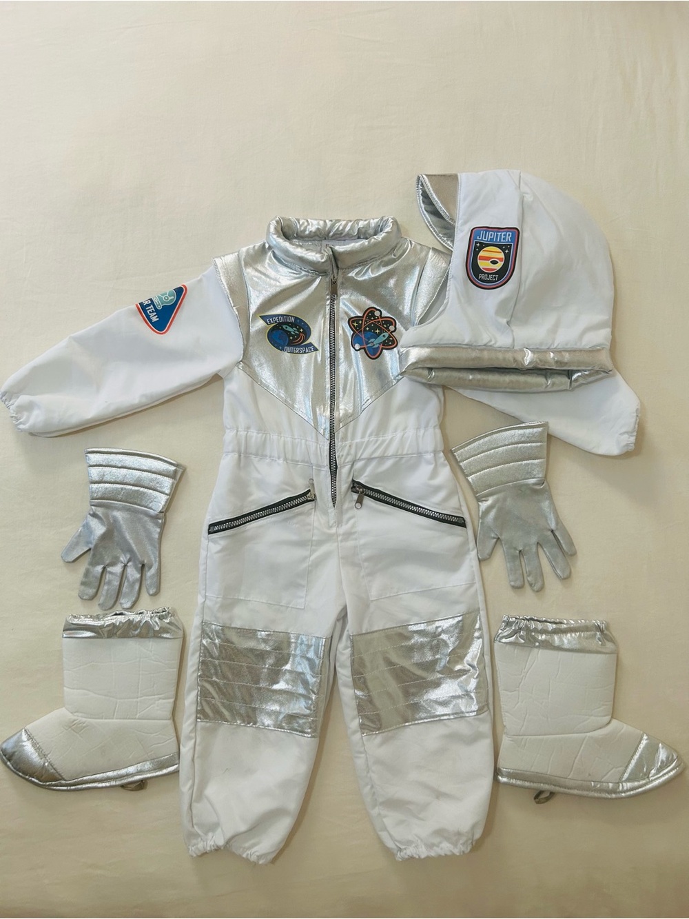 Kids Silver-Trim White Space Explorer One-Piece Costume 4